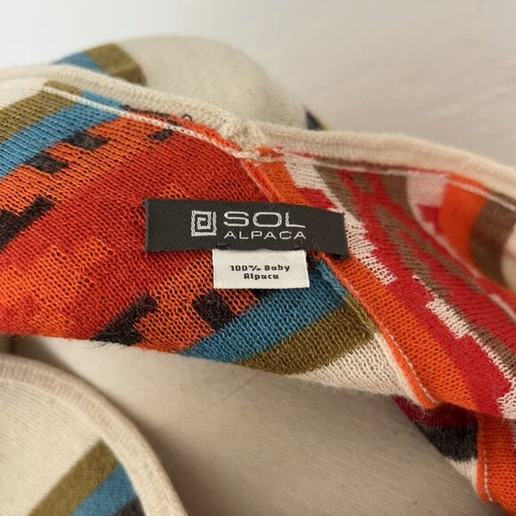 Sol Alpaca Poncho OS Womens Andgyle Orange Cream Striped Pullover Baby Alpaca - Picture 7 of 8